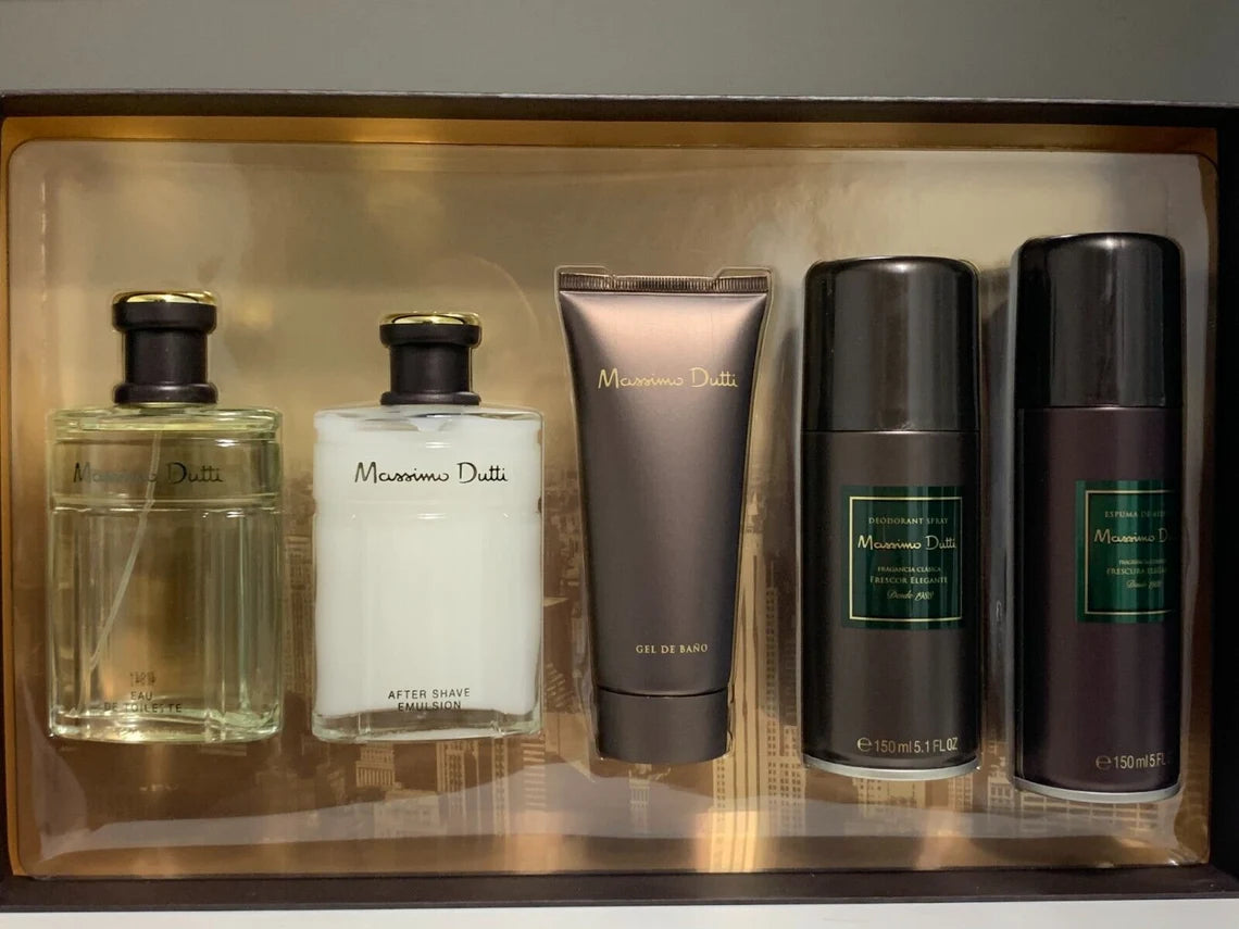 MASSIMO DUTTI 5 PIEZAS SET DE REGALO EAU DE TOILETTE. LOCIÓN, GEL DE BAÑO, ESPUMA DE AFEITAR, DESODORANTE SPRAY.